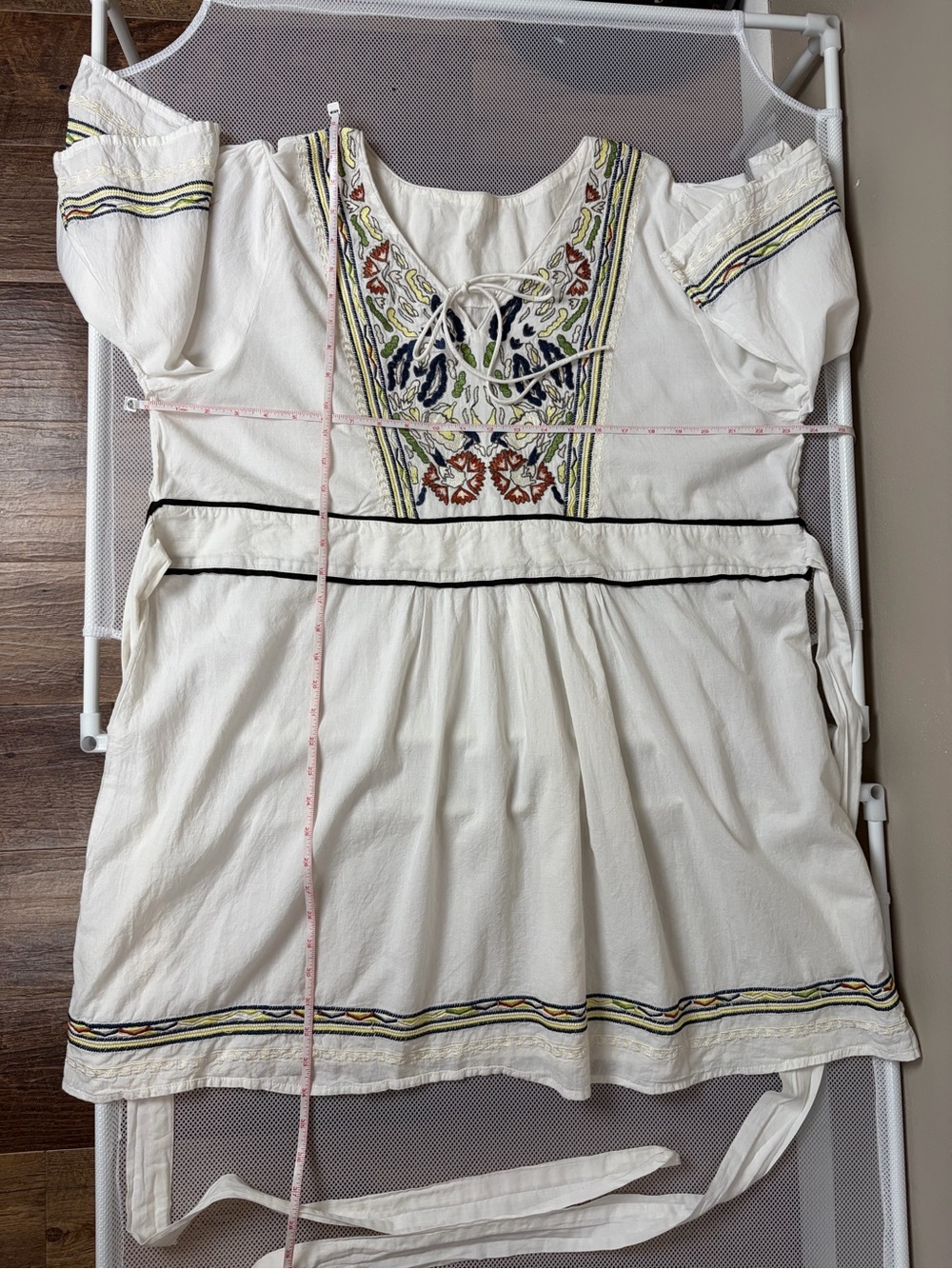 Boho Embroidered Tie Waist Tunic Mini Dress White Caftan Peasant Festival XL/2XL - Picture 7 of 15
